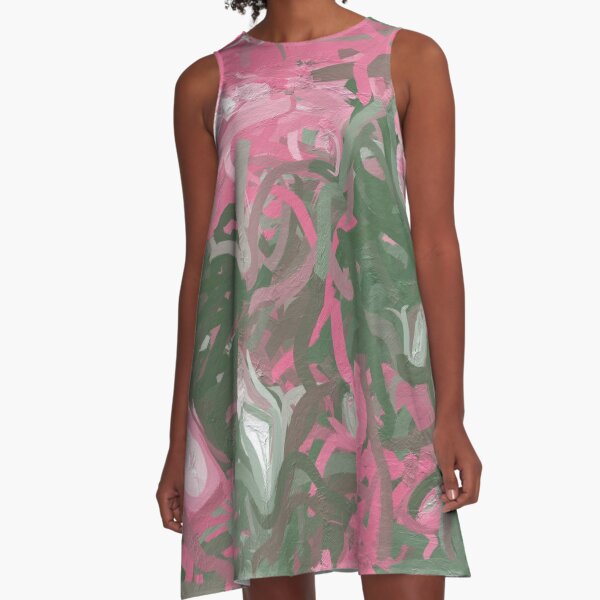 Pink, White and Green Abstract A-Line Dress