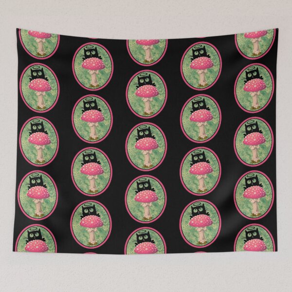 Item preview, Black Cat Silhouette with Halo on Pink Mushroom with Green Yellow Background designed and sold by kmcs.