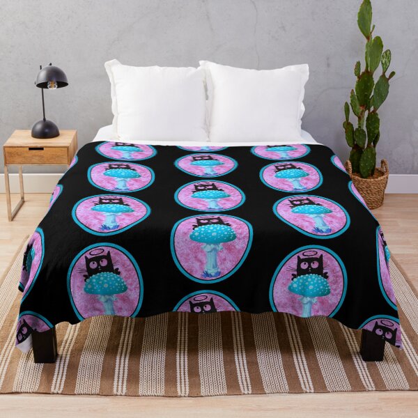 Item preview, Black Cat Silhouette with Halo on Teal Turquoise Blue Mushroom | Pink Terracotta Rose Terra Cotta designed and sold by kmcs.