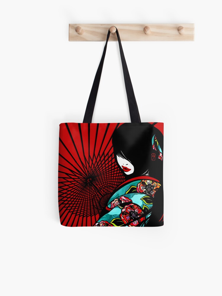 Thumbnail 1 of 2, Tote Bag, Bangasa and Peony - asian beauty, traditional Japanese umbrellas, flower kimono girl designed and sold by SajuArtZen.
