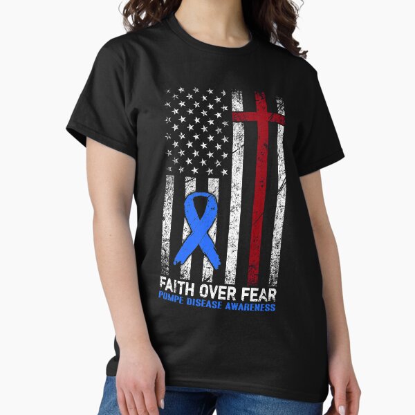 Vista previa del artículo con la obra «Cristiano angustiado Bandera de Estados Unidos Cruz Fe sobre miedos Conciencia de la enfermedad de Pompe», diseñado y vendido por Brad-FI.
