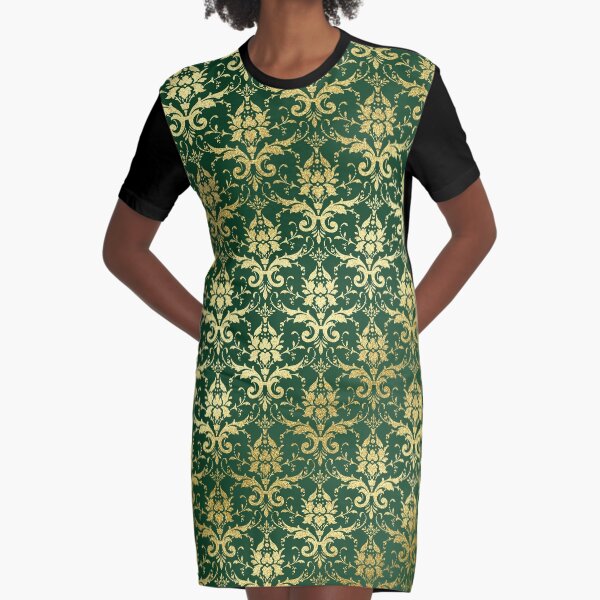 Damask Glitter Gold Dark Green Classic Elegant Graphic T-Shirt Dress