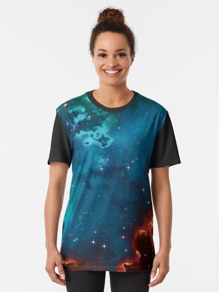 Alternate view of Fantasy nebula cosmos sky in space with stars (Blue/Cyan/Green/Yellow/Orange/Red) Graphic T-Shirt