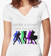 Camiseta entallada de cuello en V JJBA: ¡Huelga una pose, salva el mundo!