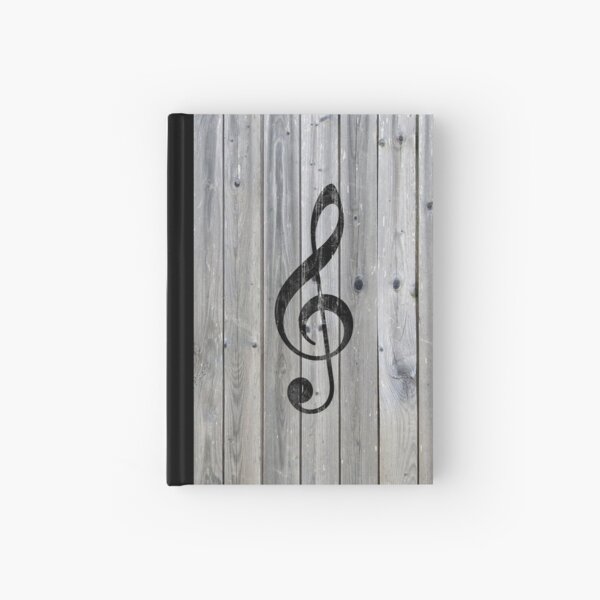 Vintage black music note Treble Clef gray wood Hardcover Journal