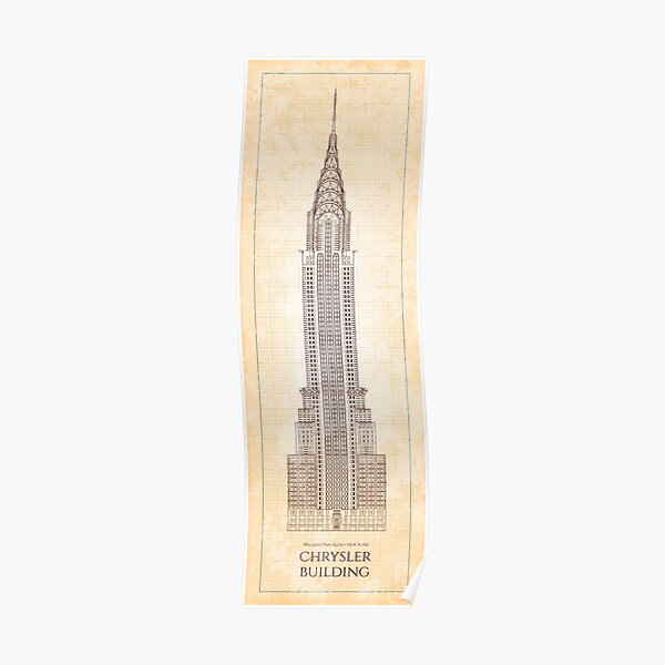 Chrysler Building Front - Burgundy Old Blue Grid Poster