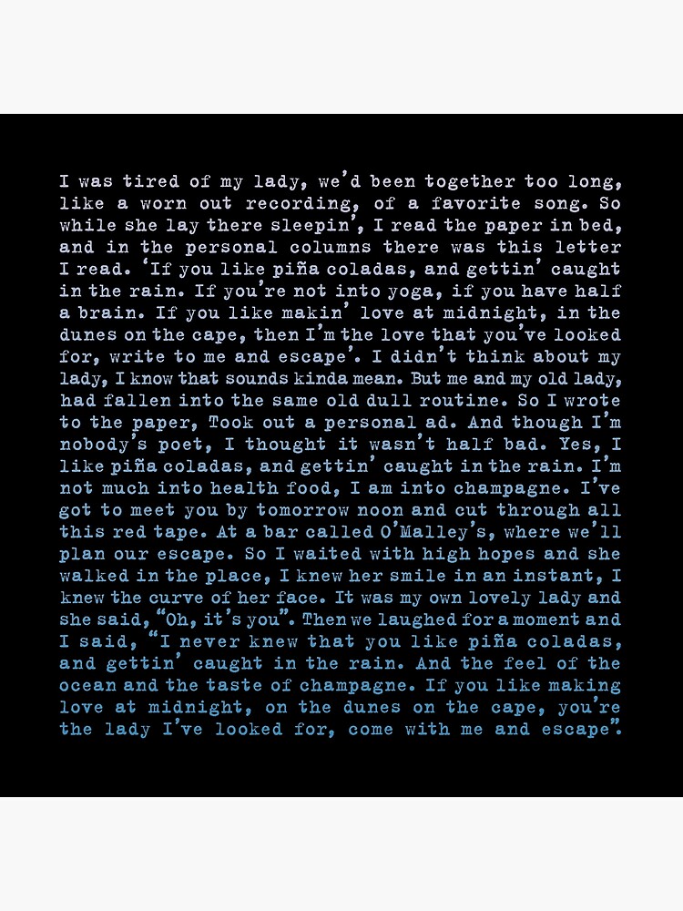 "Escape (The Pinã Colada Song) Rupert Holmes Lyrics v.3" Poster by x1brett Redbubble