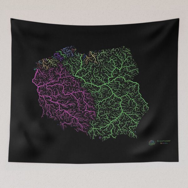 Item preview, Poland River Basin Map in Rainbow Colours with Black Background designed and sold by GrasshopperGeo.