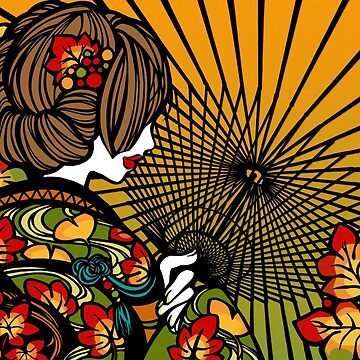 Artwork thumbnail, Bangasa and Autumn Color - asian beauty, traditional Japanese umbrellas, leaf kimono girl by SajuArtZen
