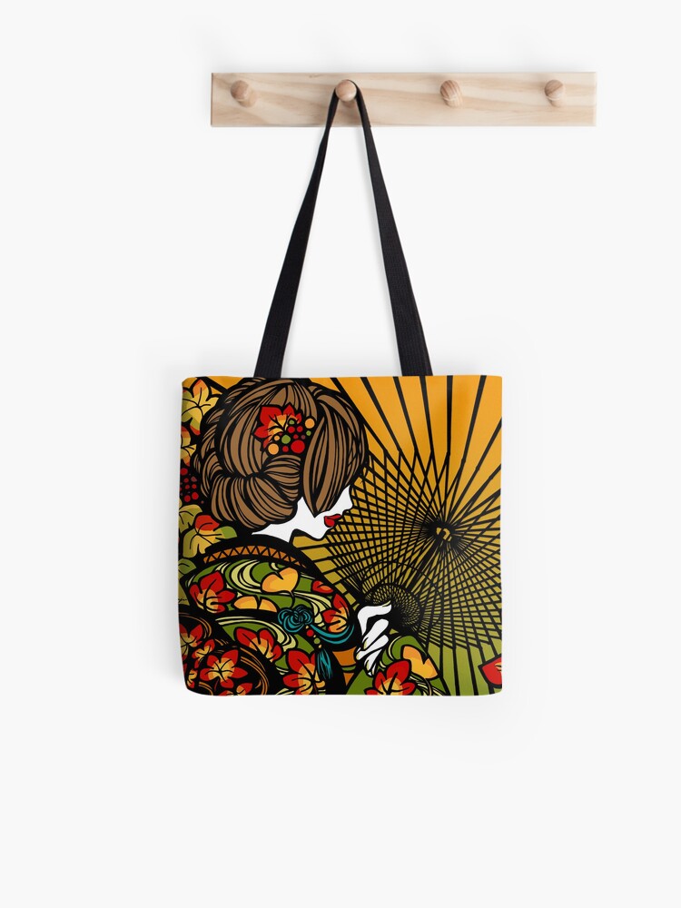 Thumbnail 1 of 2, Tote Bag, Bangasa and Autumn Color - asian beauty, traditional Japanese umbrellas, leaf kimono girl designed and sold by SajuArtZen.
