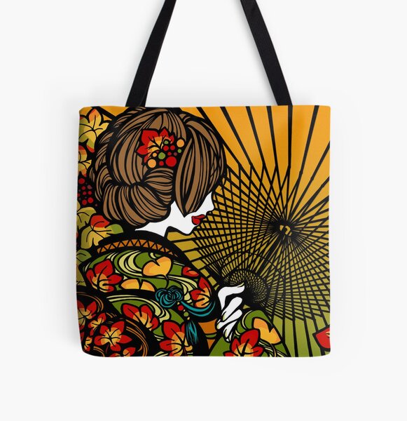 Bangasa and Autumn Color - asian beauty, traditional Japanese umbrellas, leaf kimono girl All Over Print Tote Bag