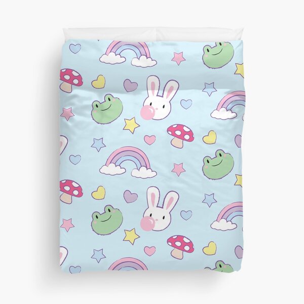 Cute bunny & frog with rainbow, mushroom, hearts and stars Duvet Cover