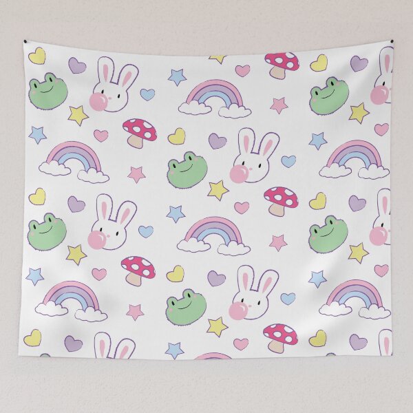 Item preview, Cute bunny & frog with rainbow, mushroom, hearts and stars designed and sold by AstroBunnyPop.