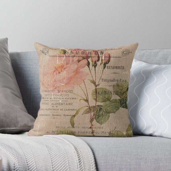 Vintage Burlap Floral 4 Throw Pillow