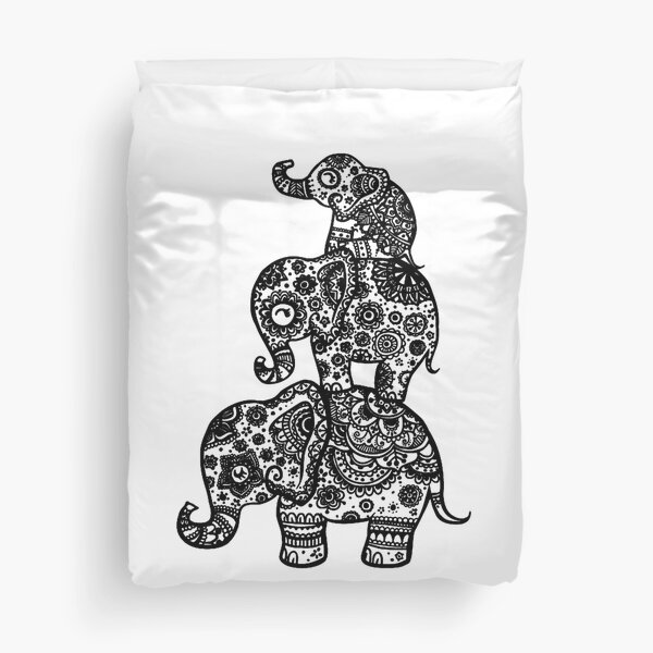 Elephant Family in Black Duvet Cover