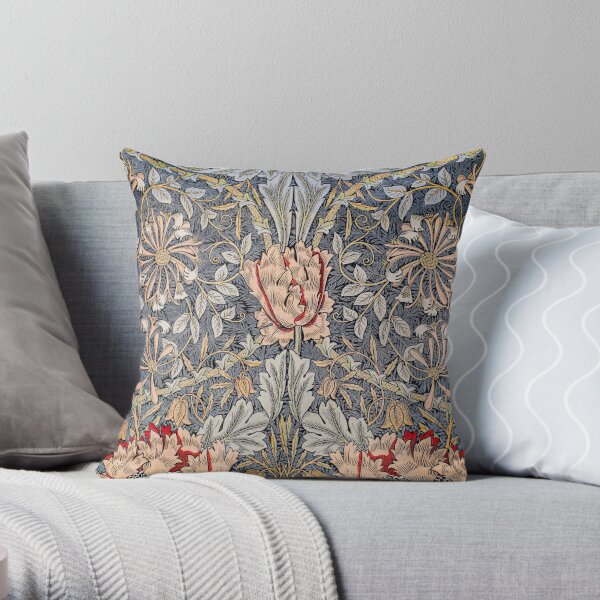 William Morris Vintage Floral Honeysuckle Pattern 1876 Chateau Blue Throw Pillow