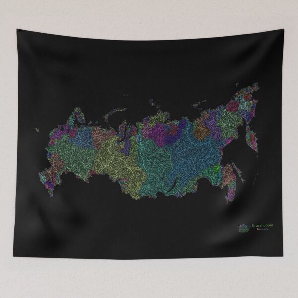 Item preview, Russia River Basin Map in Rainbow Colours with Black Background designed and sold by GrasshopperGeo.