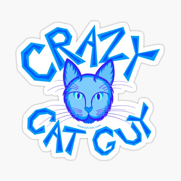 Crazy Cat Guy Funny Blue Cartoon Cat Lover Design Sticker