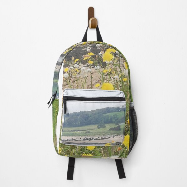 Item preview, Beach photo of sand, sea and hills and yellow flowers designed and sold by Laura Cavanagh.
