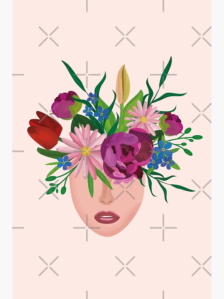 Tarjetas de felicitación «Flores peonía tulipanes gerbera nomeolvides y  algunas hojas crecen forma cabeza de mujer en acuarela» de NataljaBu |  Redbubble