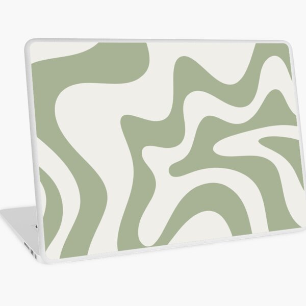 Retro Liquid Swirl Abstract Pattern Square in Sage Green and Nearly White Laptop Skin