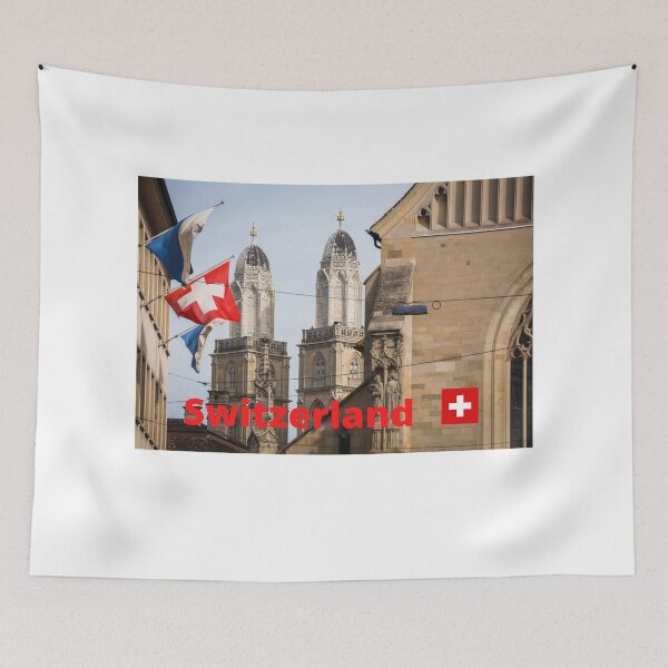 Item preview, Fraumünster And Grossmünster In Zürich, Switzerland With Swiss Flag. designed and sold by Fiftyandfab.
