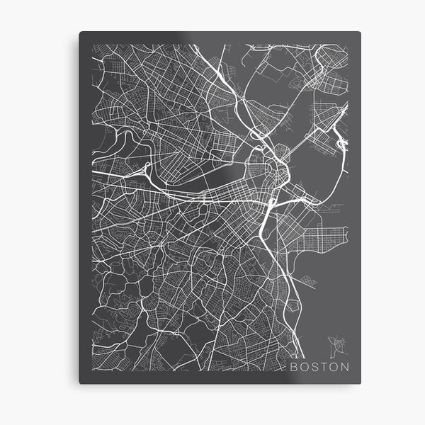 Boston Map, USA - Gray Metal Print