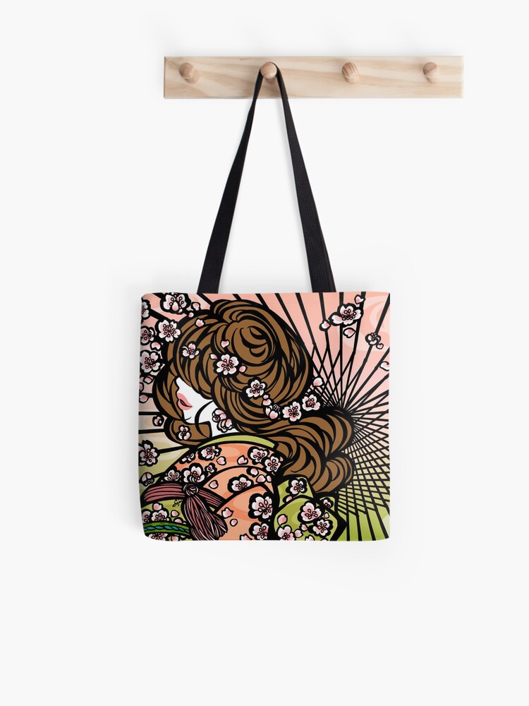 Thumbnail 1 of 2, Tote Bag, Bangasa and Cherry Blossoms - asian beauty, traditional Japanese umbrellas, Sakura flower kimono girl designed and sold by SajuArtZen.