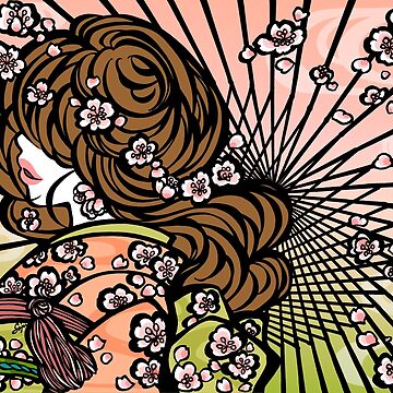 Artwork thumbnail, Bangasa and Cherry Blossoms - asian beauty, traditional Japanese umbrellas, Sakura flower kimono girl by SajuArtZen