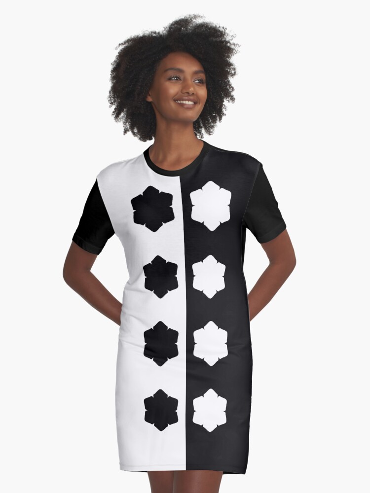 Black and White Symmetrical Asymmetry with Flowers | Graphic T-Shirt Dress