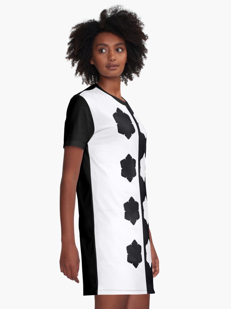 Black and White Symmetrical Asymmetry with Flowers | Graphic T-Shirt Dress