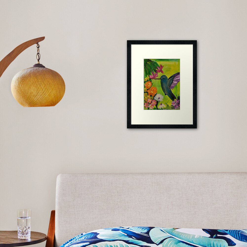 hummingbird feeding on some nectar on a 12x16inc stretch canvas. Framed Art Print