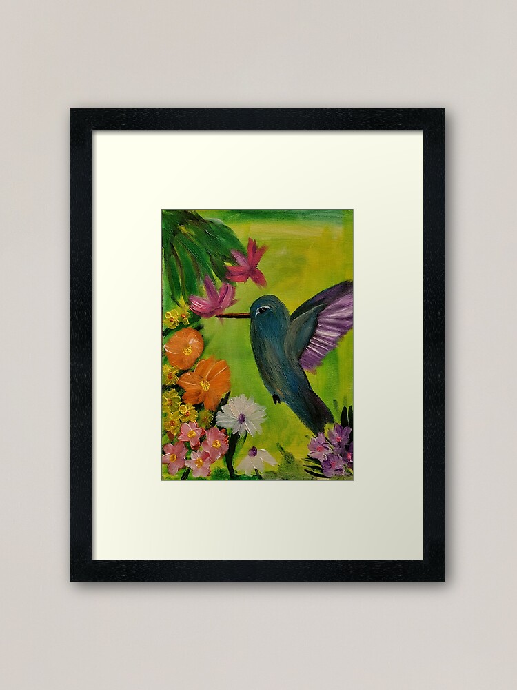 Alternate view of hummingbird feeding on some nectar on a 12x16inc stretch canvas. Framed Art Print