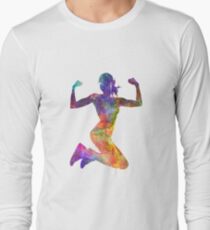 Woman runner jogger jumping powerful Long Sleeve T-Shirt