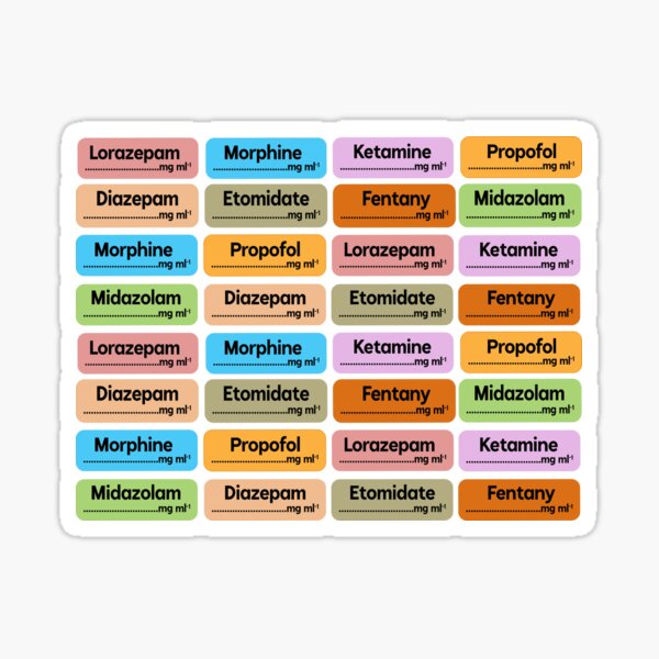 "CRNA anesthesia drugs_color coded syringe labels of eight drugs