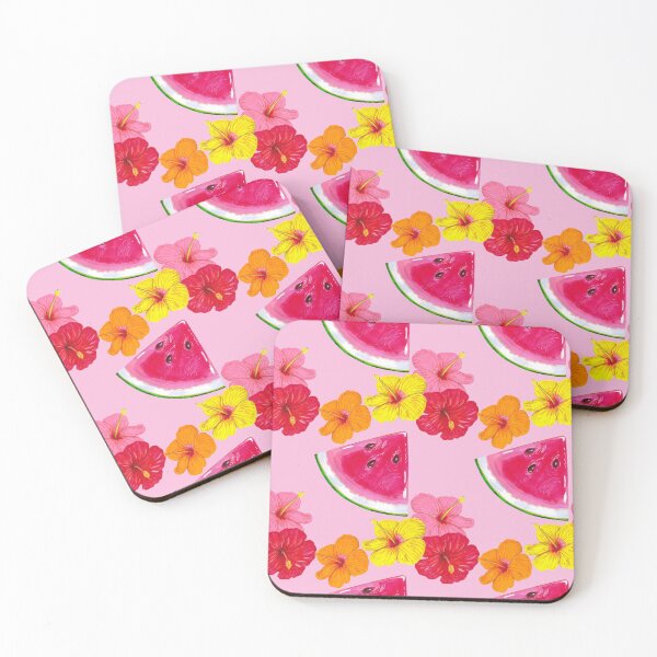 Item preview, Watermelon slices with hibiscus flowers. Summer tropical pattern on a pink background designed and sold by Colibri77.