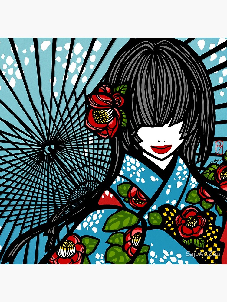 Thumbnail 2 of 2, Tote Bag, Bangasa and Camellia - asian beauty, traditional Japanese umbrellas, flower kimono girl, winter designed and sold by SajuArtZen.