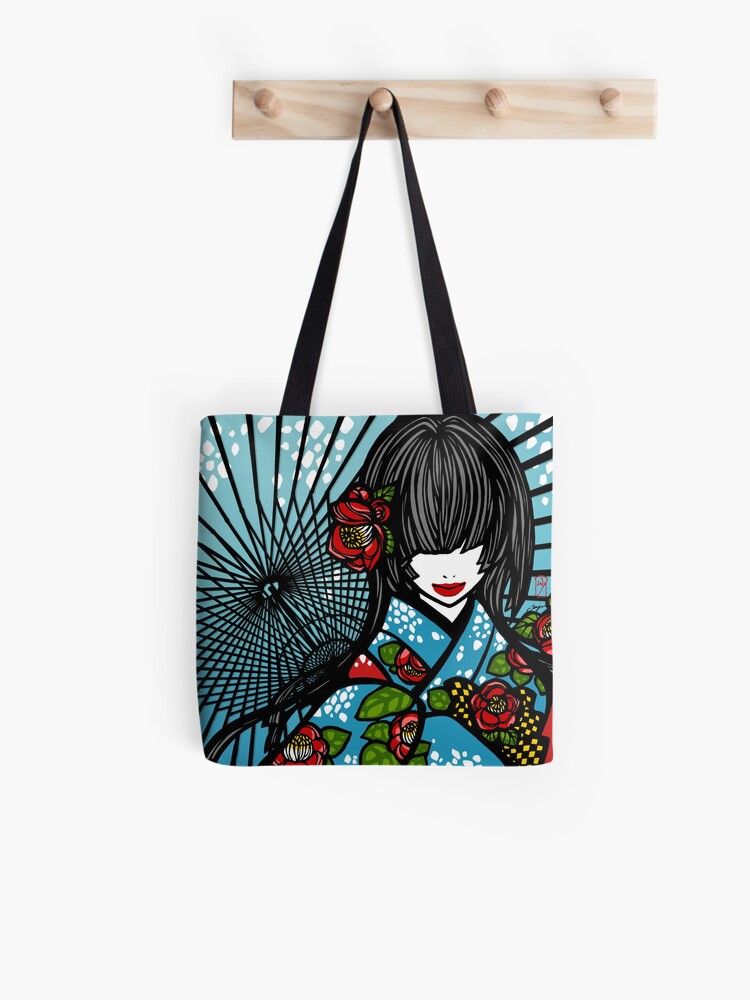 Thumbnail 1 of 2, Tote Bag, Bangasa and Camellia - asian beauty, traditional Japanese umbrellas, flower kimono girl, winter designed and sold by SajuArtZen.