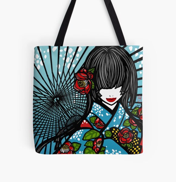 Bangasa and Camellia - asian beauty, traditional Japanese umbrellas, flower kimono girl, winter All Over Print Tote Bag
