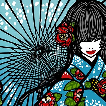 Artwork thumbnail, Bangasa and Camellia - asian beauty, traditional Japanese umbrellas, flower kimono girl, winter by SajuArtZen