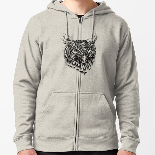 Ornate Owl Head Zipped Hoodie