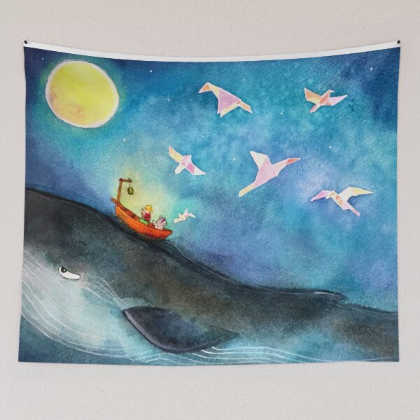 Item preview, Riding with Whale and Wave under the moonlight | Watercolor design designed and sold by subtleday.