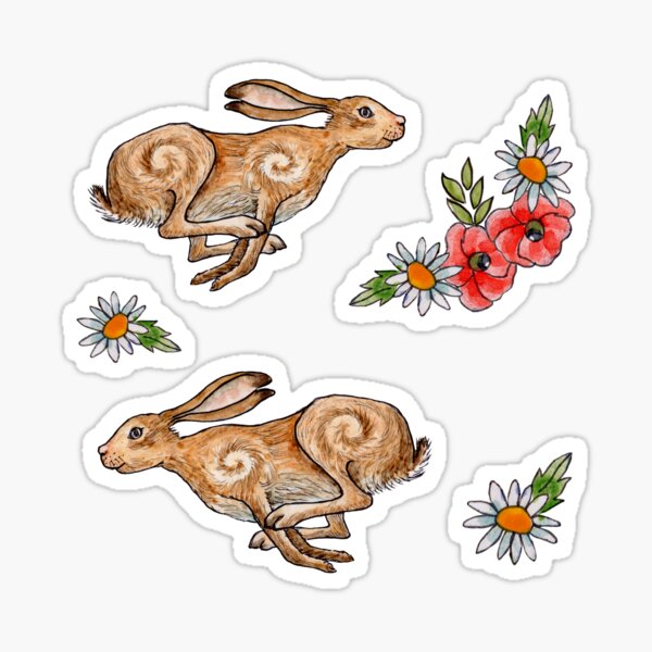 Hares with Poppies and Daisies Sticker