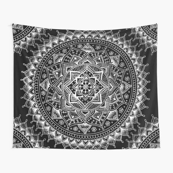 White Flower Mandala on Black Tapestry