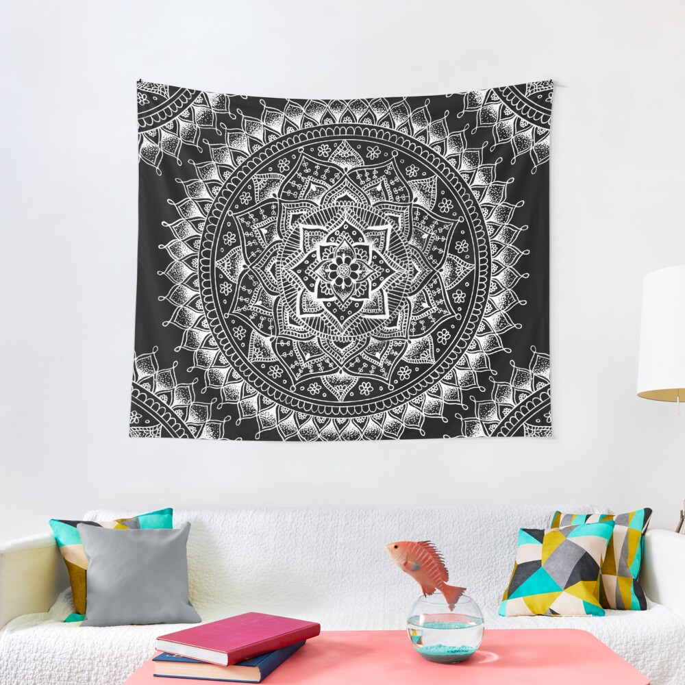 White Flower Mandala on Black Tapestry