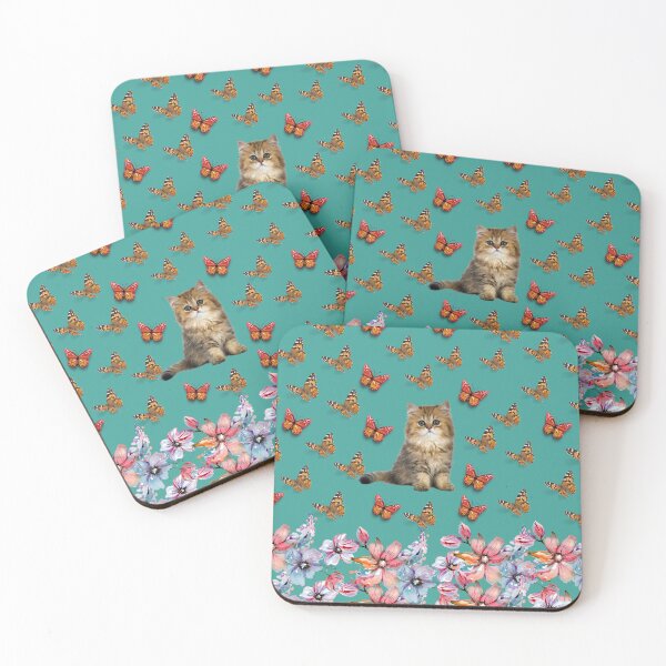 Item preview, Cat, Flowers, and Butterflies pattern, on Aqua background designed and sold by TheCatmeow2000.