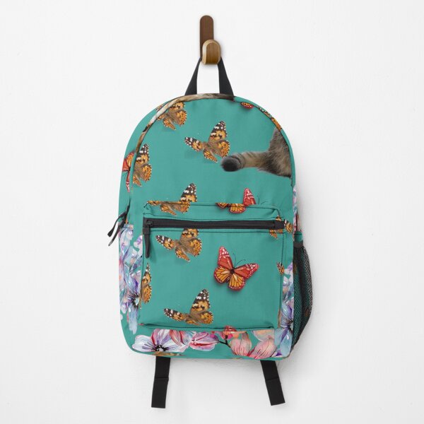 Item preview, Cat, Flowers, and Butterflies pattern, on Aqua background designed and sold by TheCatmeow2000.