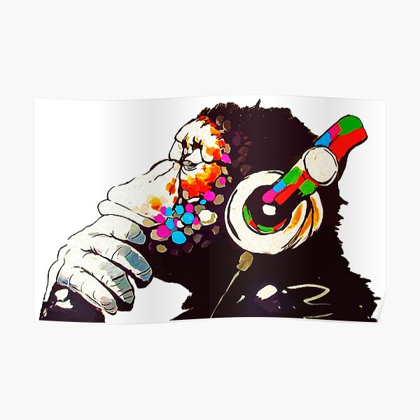BANKSY DJ Monkey Thinker with Headphones Chimp Poster