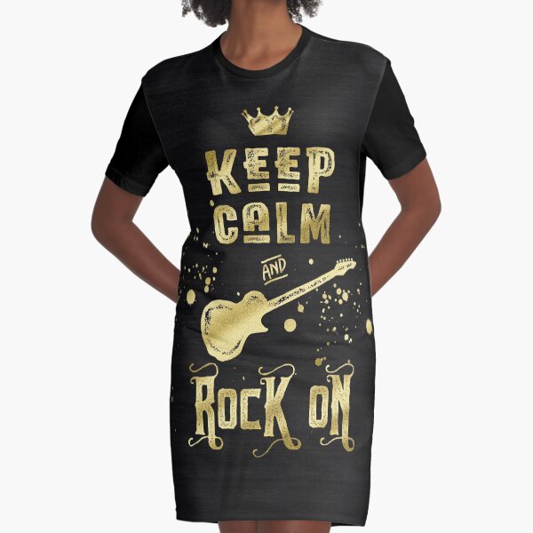 Keep Calm and Rock On Gold Electric Guitar Typography Graphic T-Shirt Dress