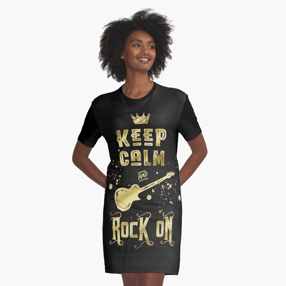 Keep Calm and Rock On Gold Electric Guitar Typography Graphic T-Shirt Dress